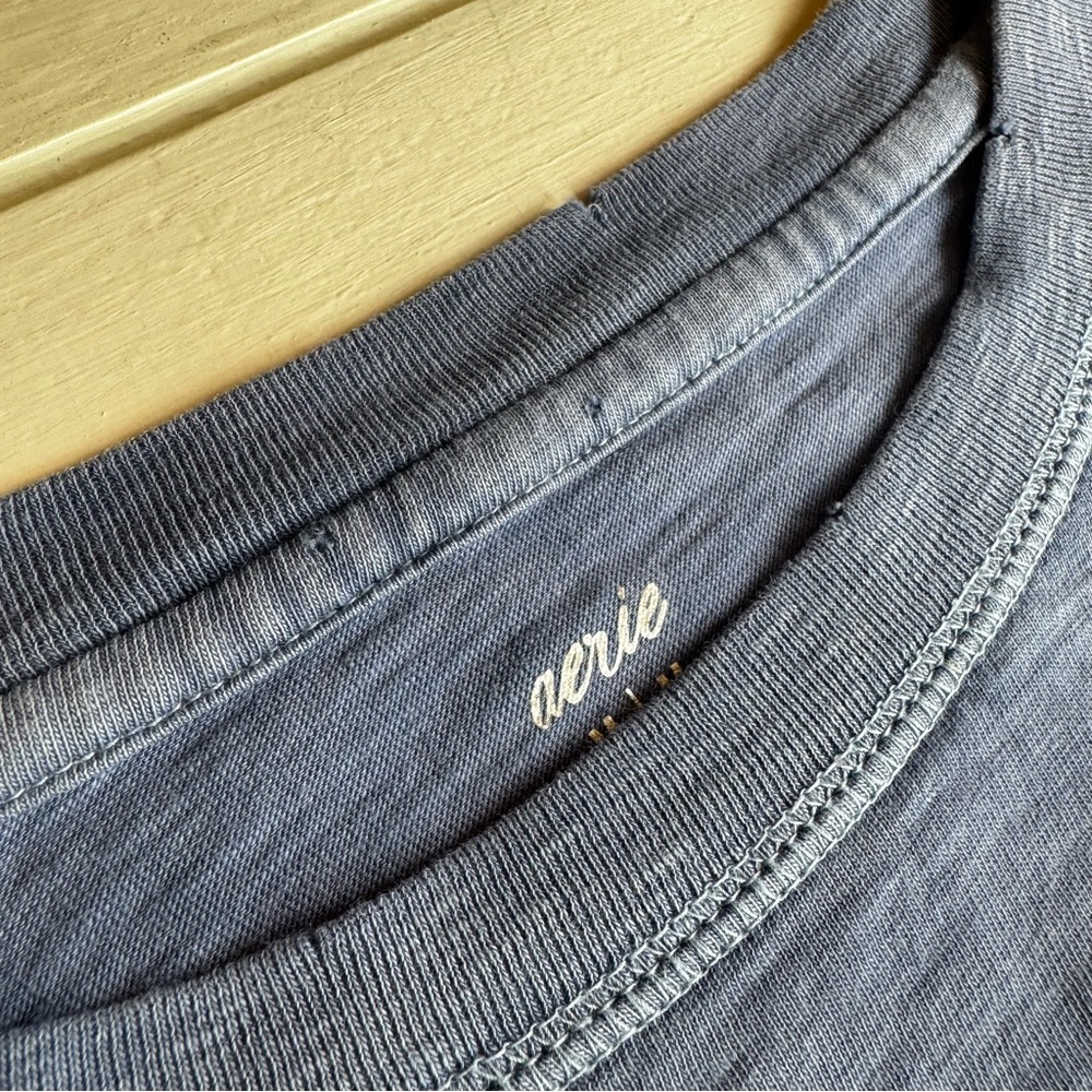 Aerie Boxy Blue Oversized Cropped Distressed Crewneck Tee - Picture 5 of 8